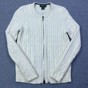 Eddie Bauer Sweater Womens Medium Ivory Full‎ Zip Cable Knit Angora Cardigan Top